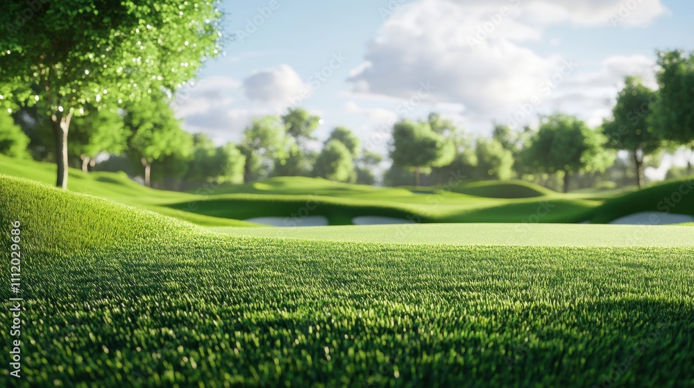 Lush green golf course under a bright blue sky with fluffy clouds. Lush green golf course under a bright blue sky with fluffy clouds.
