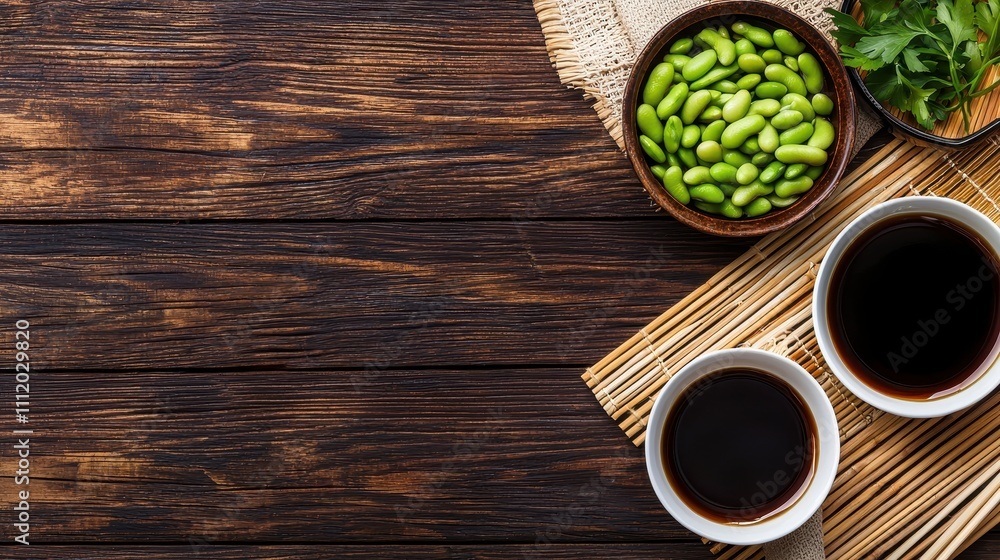 Fresh Ingredients with Coffee and Green Edamame on Wooden Table Fresh Ingredients with Coffee and Green Edamame on Wooden Table