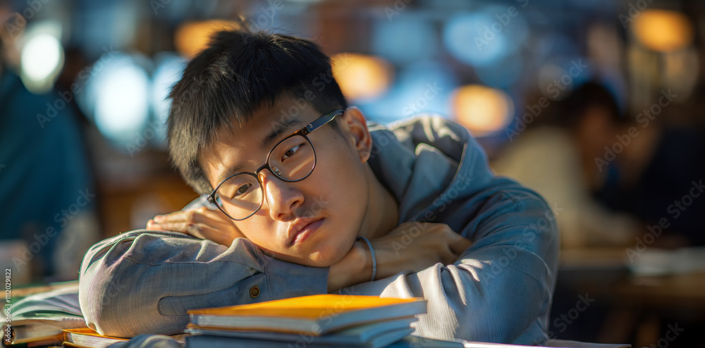 Reflective student resting in library amidst warm lighting ambiance. Exam Tension Relief Reflective student resting in library amidst warm lighting ambiance. Exam Tension Relief