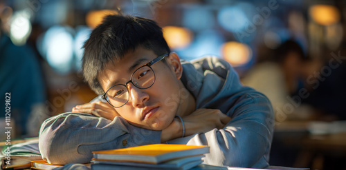 Reflective student resting in library amidst warm lighting ambiance. Exam Tension Relief