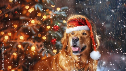 Festive Golden Retriever beside Christmas tree in HD quality