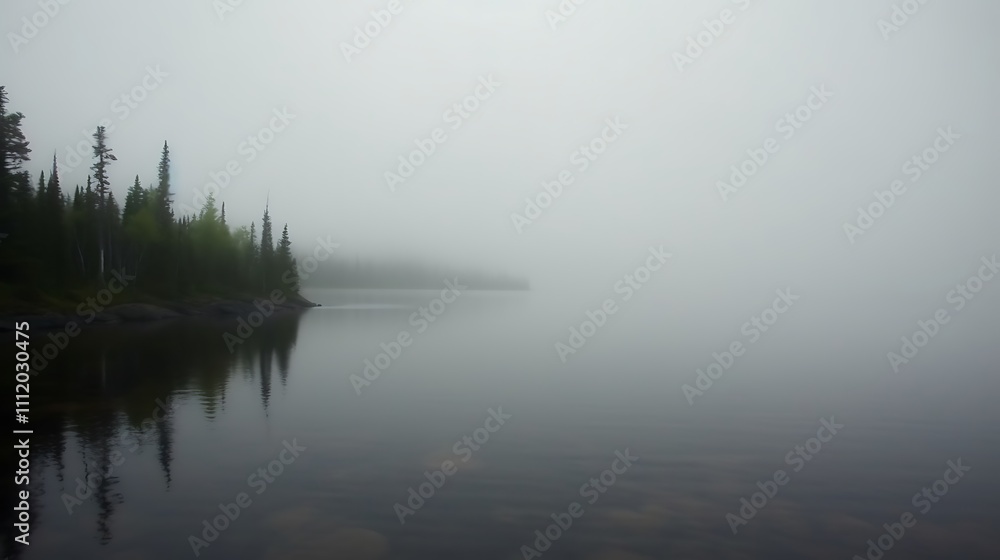 Misty Lake Shore Trees Reflected In Still Water Misty Lake Shore Trees Reflected In Still Water