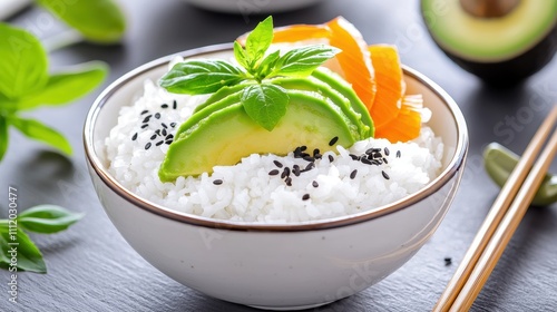 Fresh Sushi Bowl with Avocado, Carrot, and Rice Garnished with Herbs