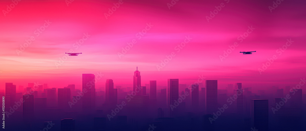 Futuristic cityscape with drones flying over vibrant sunset skyline. scene captures blend of technology and urban life, showcasing towering skyscrapers and colorful sky Futuristic cityscape with drones flying over vibrant sunset skyline. scene captures blend of technology and urban life, showcasing towering skyscrapers and colorful sky
