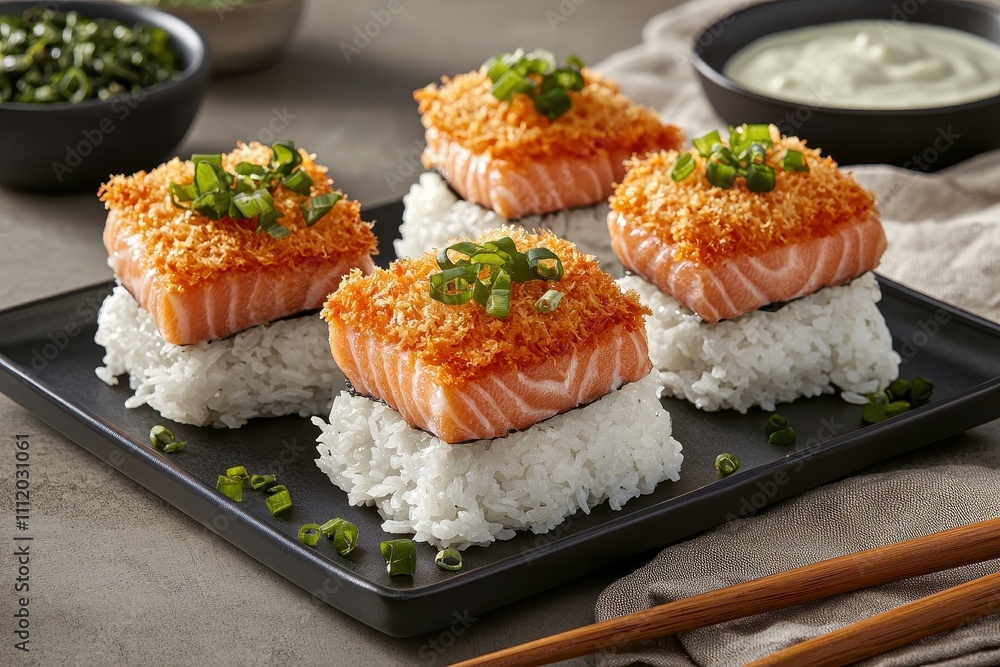 Deliciously Baked Salmon on Rice with Green Onion Garnish Deliciously Baked Salmon on Rice with Green Onion Garnish