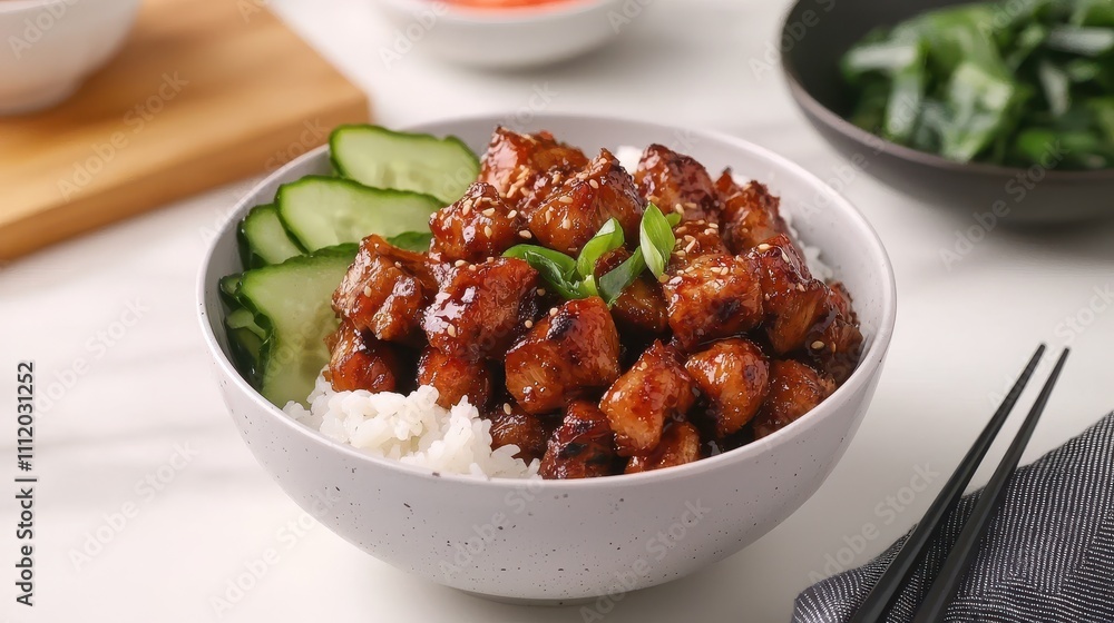 Delicious Asian Chicken Bowl with Rice and Fresh Vegetables Delicious Asian Chicken Bowl with Rice and Fresh Vegetables