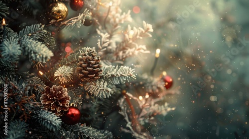 Closeup decorated Christmas tree with ornaments and fairy lights