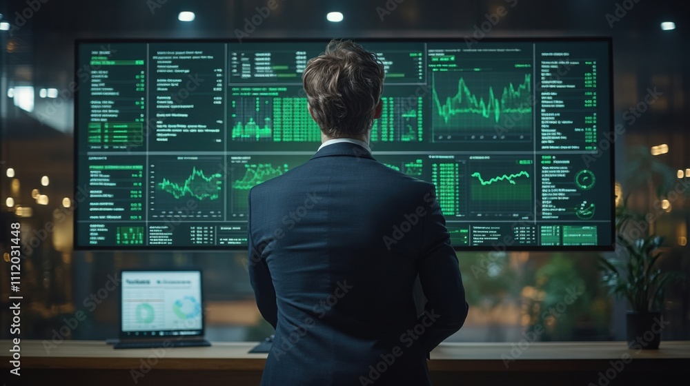 Investor analyzing financial data on large monitors in office. Stock market graphs, economic trends, trading success, business analytics, wealth management insights. Investor analyzing financial data on large monitors in office. Stock market graphs, economic trends, trading success, business analytics, wealth management insights.