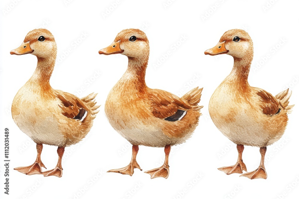 Three illustrated ducks in a standing position, showcasing their features and colors. Three illustrated ducks in a standing position, showcasing their features and colors.