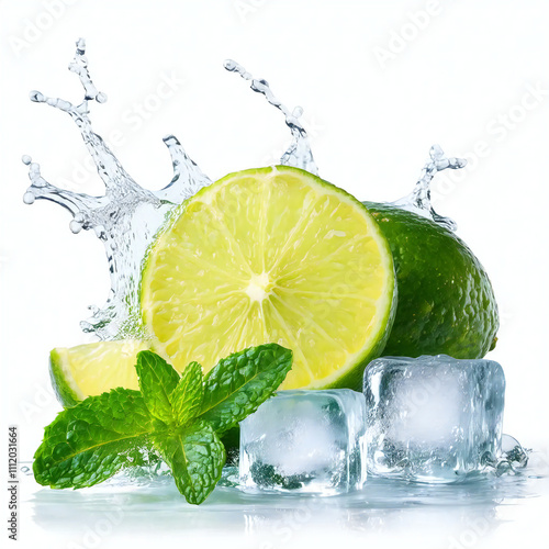 Lime and mint with ice cubes isolated on white background