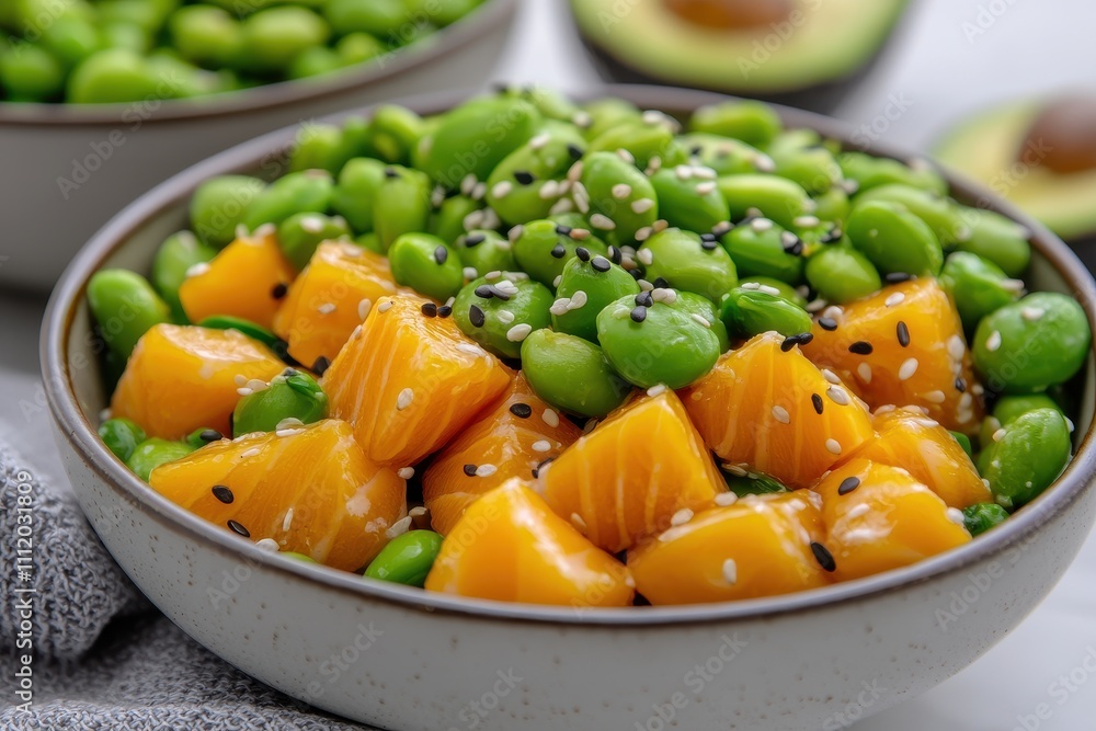Fresh Healthy Bowl with Edamame and Cubes of Salmon and Mango Fresh Healthy Bowl with Edamame and Cubes of Salmon and Mango