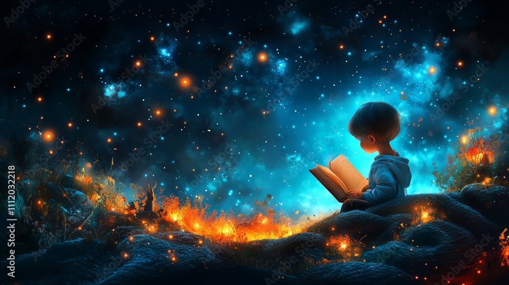 Child reading under a starry night sky with glowing flora Child reading under a starry night sky with glowing flora