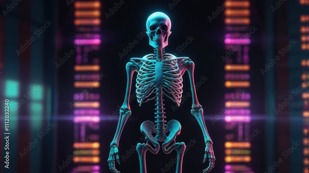 Skeleton hologram standing and facing a computer screen, digital background Skeleton hologram standing and facing a computer screen, digital background