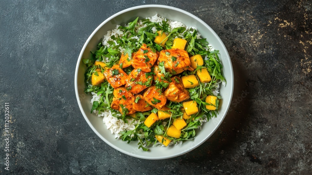 Colorful Dish of Grilled Chicken with Mango and Rice Garnish Colorful Dish of Grilled Chicken with Mango and Rice Garnish