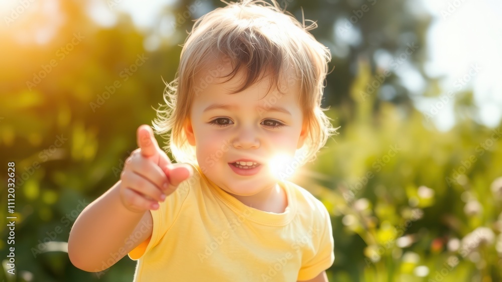 Golden Hour Toddler: A cute toddler points towards the viewer, bathed in the warm glow of the setting sun in a vibrant outdoor setting. Capturing innocence and the joy of childhood. Golden Hour Toddler: A cute toddler points towards the viewer, bathed in the warm glow of the setting sun in a vibrant outdoor setting. Capturing innocence and the joy of childhood.