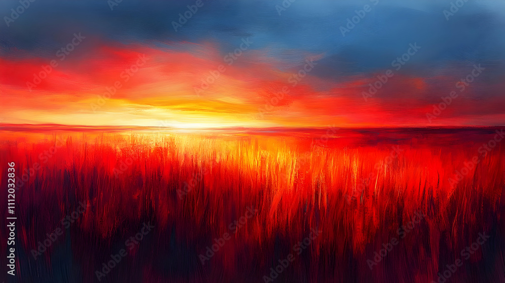 Fototapeta premium Fiery Sunset Landscape Painting