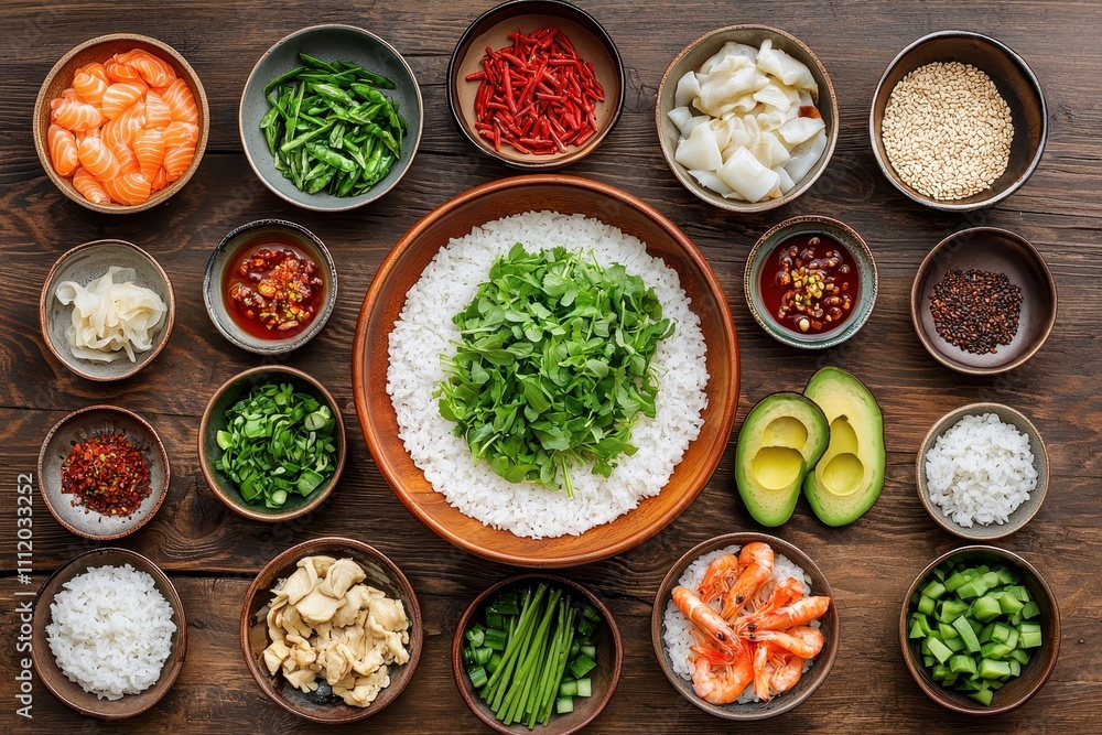 Fresh Ingredients for Flavorful Asian Cuisine on Wooden Table Fresh Ingredients for Flavorful Asian Cuisine on Wooden Table