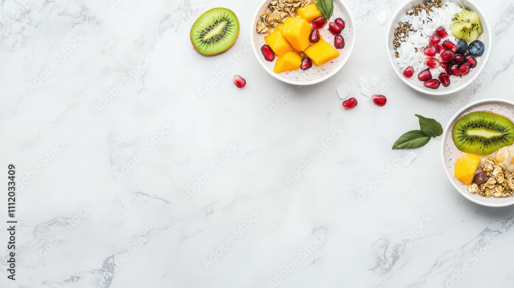refreshing breakfast scene featuring smoothie bowls with fruits like mango, kiwi, and blueberries, garnished with granola and pomegranate seeds refreshing breakfast scene featuring smoothie bowls with fruits like mango, kiwi, and blueberries, garnished with granola and pomegranate seeds