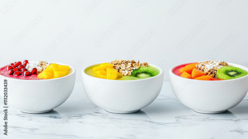 Refreshing breakfast scene with smoothie bowls topped with fruits. Enjoy vibrant colors and healthy ingredients like mango, kiwi, and oats for nutritious start Refreshing breakfast scene with smoothie bowls topped with fruits. Enjoy vibrant colors and healthy ingredients like mango, kiwi, and oats for nutritious start