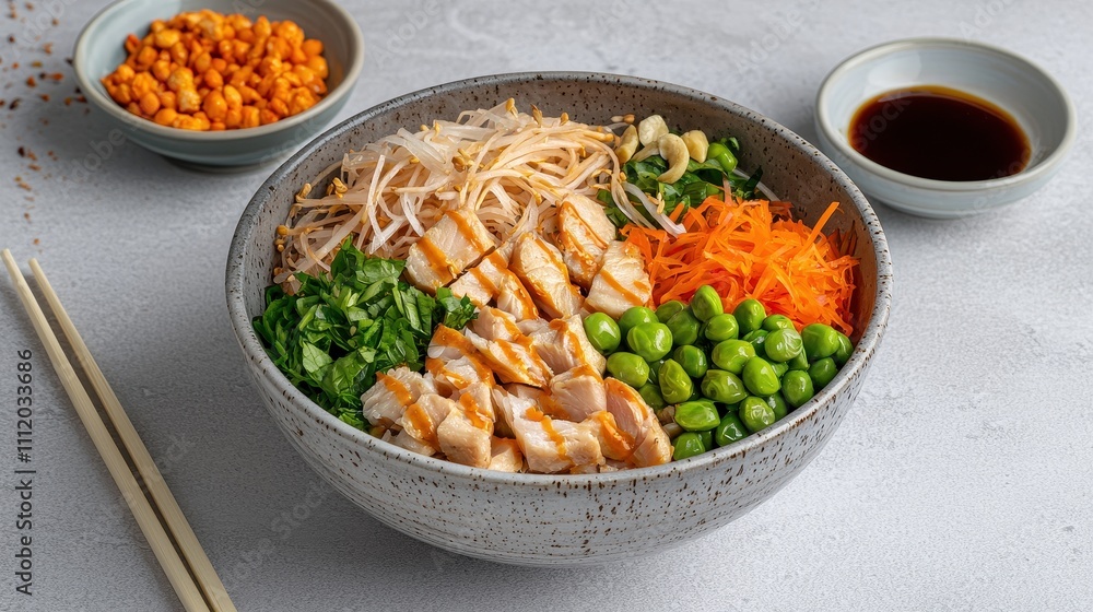 Fresh Asian Chicken Salad Bowl with Vegetables and Sauces Fresh Asian Chicken Salad Bowl with Vegetables and Sauces
