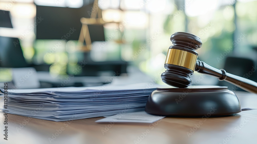 Legal Documents and Gavel on Table in Modern Law Office Setting Legal Documents and Gavel on Table in Modern Law Office Setting