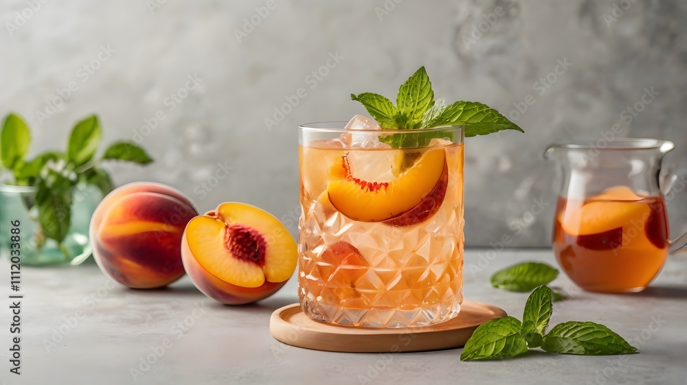 Summer cold peach fizz cocktail or iced tea with mint. Two glasses with peach lemonade on white background. Summer refreshing drink recipe. Homemade fruit tea with ice. Restaurant menu. Copy space Summer cold peach fizz cocktail or iced tea with mint. Two glasses with peach lemonade on white background. Summer refreshing drink recipe. Homemade fruit tea with ice. Restaurant menu. Copy space