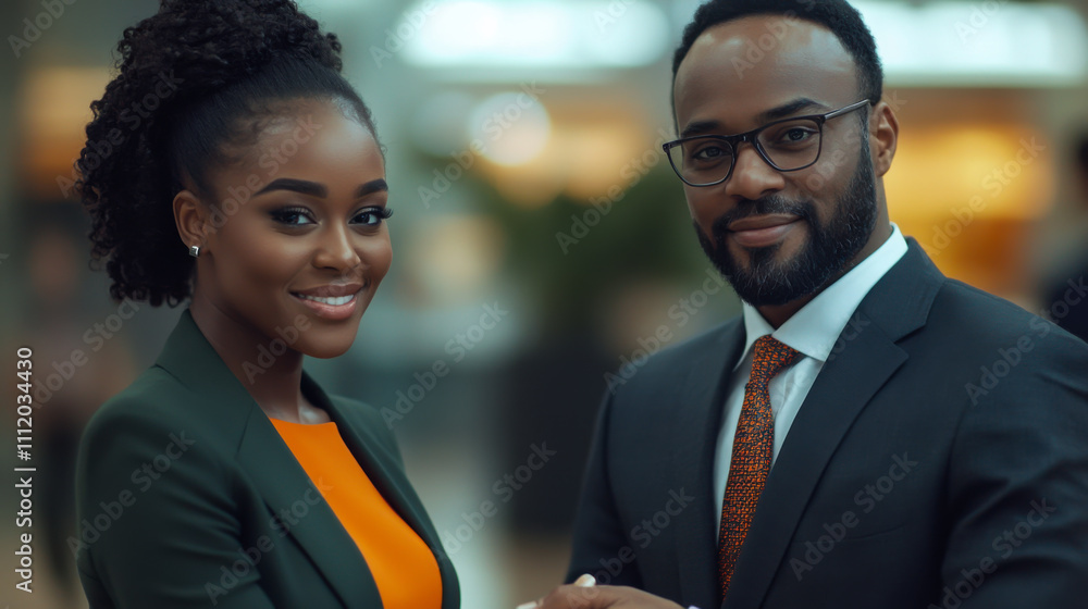 Smiling business professionals posing confidently in a modern office setting during the afternoon