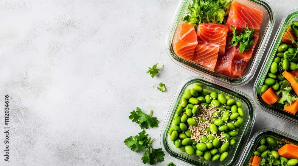 Healthy Meal Prep Containers with Fresh Vegetables and Salmon Healthy Meal Prep Containers with Fresh Vegetables and Salmon