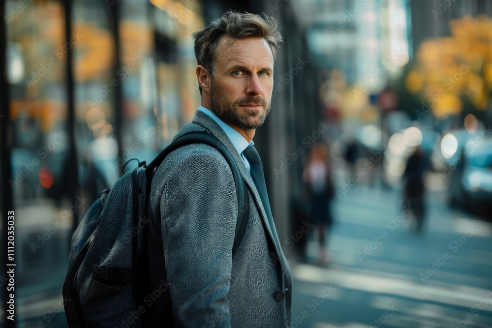 A confident man in a suit strolls down a vibrant city street, representing focus and assurance, captured amid the dynamic backdrop of urban life. A confident man in a suit strolls down a vibrant city street, representing focus and assurance, captured amid the dynamic backdrop of urban life.