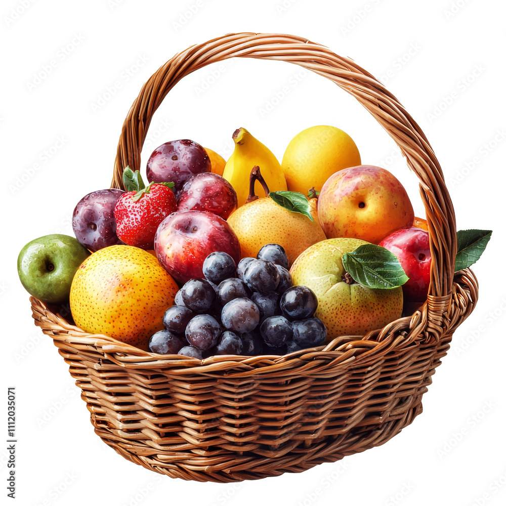 Fruit basket with apples, oranges, and pears, isolated on a white background