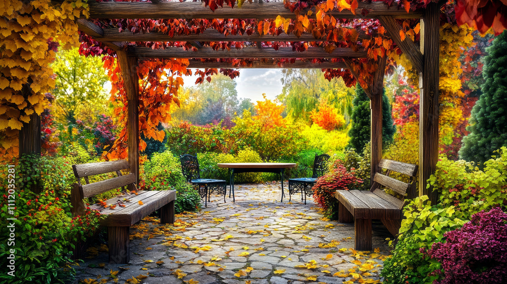 Obraz premium The scene is a vibrant and realistic depiction of a pergola terrace viewed from within. The terrace features a modern aluminum pergola with a lamella roof and glass side walls, offering both style