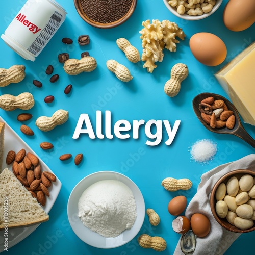 A collection of various foods, such as nuts and eggs, are displayed as potential allergy triggers against a vivid blue background, with the word 'Allergy' prominent. photo