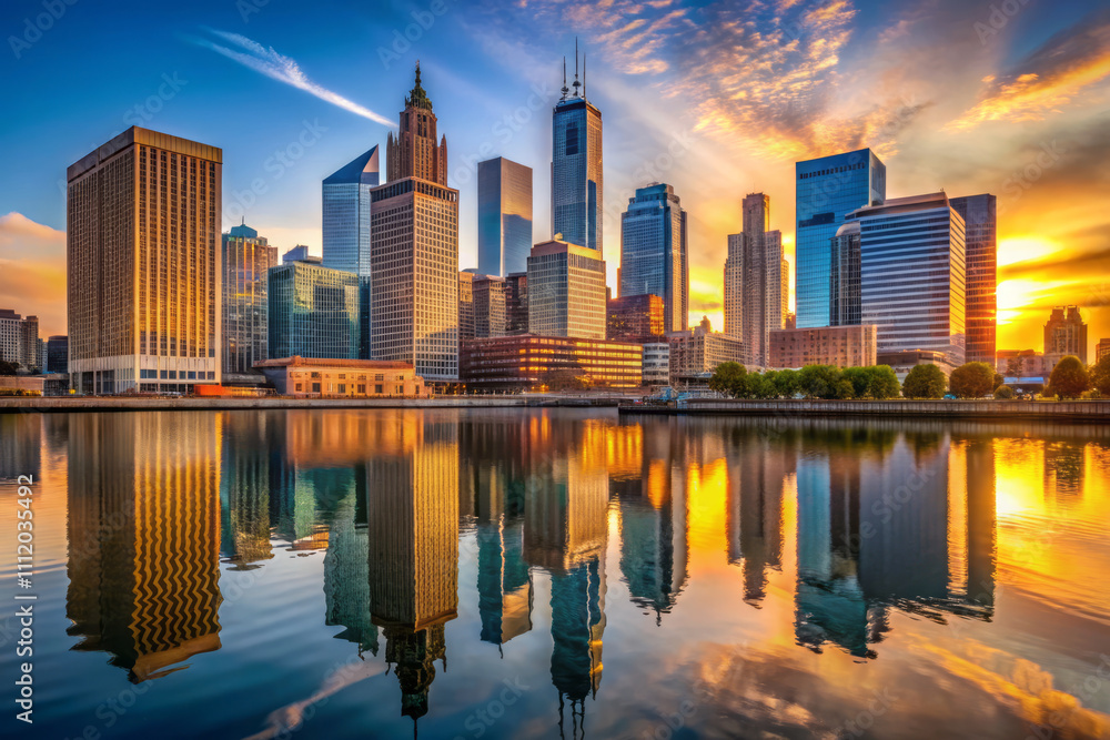 Obraz premium stunning skyline at sunset, showcasing modern glass buildings reflecting in water. vibrant colors create breathtaking view of city