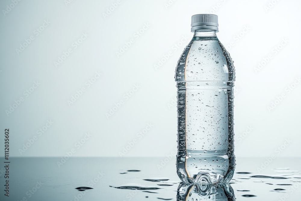 A bottle of water with condensation droplets on it, standing on a reflective surface with blank space for text. Perfect for commercial ads highlighting the importance of staying hydrated A bottle of water with condensation droplets on it, standing on a reflective surface with blank space for text. Perfect for commercial ads highlighting the importance of staying hydrated
