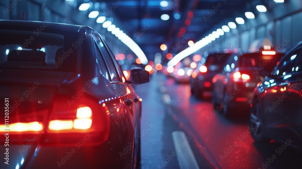 Automobiles caught in traffic in an urban tunnel at night, with glowing red brake lights and blue tones creating a striking contrast in the otherwise dim setting. Automobiles caught in traffic in an urban tunnel at night, with glowing red brake lights and blue tones creating a striking contrast in the otherwise dim setting.