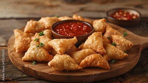 Golden brown fried pastries arranged on a wooden board with a bowl of red dipping sauce.