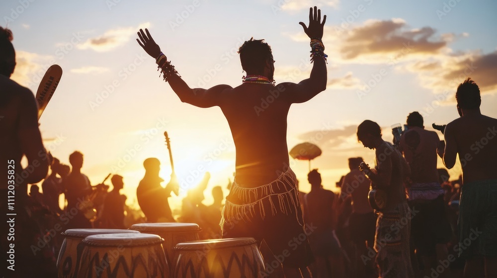 Fototapeta premium Silhouetted man dances at sunset, vibrant crowd enjoys music and drums.