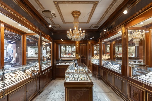 A Victorian-inspired jewelry shop with lavish wooden displays, detailed molding, and gleaming chandeliers, showcasing opulent and finely crafted jewelry pieces. photo