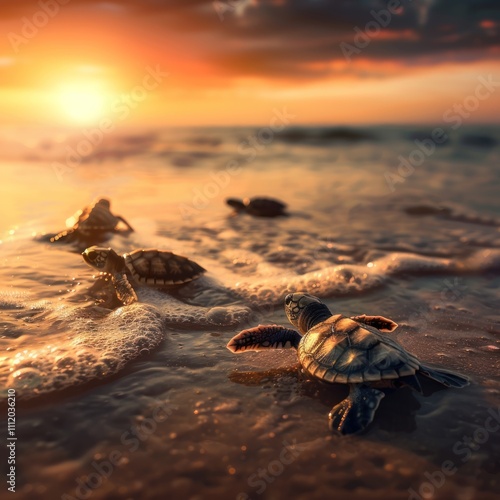 Baby sea turtles making their way to the ocean after being guided safely to the shore by conservationists, golden sunlight reflecting the hope of wildlife protection photo