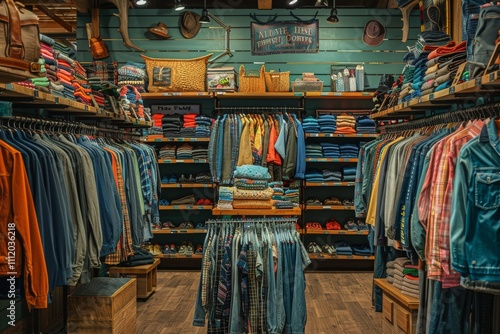 A vibrant clothing store with neatly arranged shelves and racks, offering a variety of stylish outfits for every occasion in a modern urban setting.