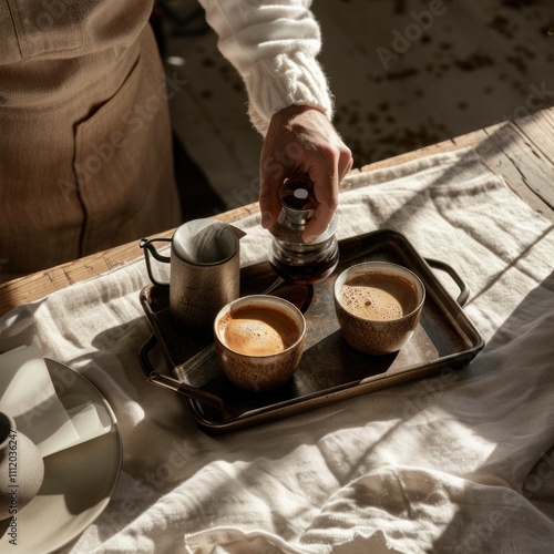 Barista-style coffee preparation at home, person carefully making espresso and setting it on a tray, calm and focused ritual bringing mindfulness to the day photo