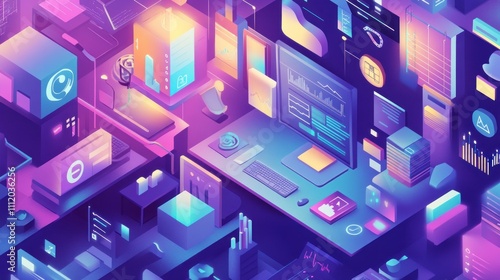 Isometric illustration of a digital workspace with glowing screens, data, and interfaces.