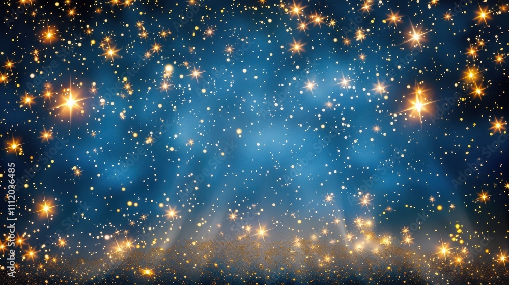 Naklejka premium Dark blue starry background with golden sparks twinkling lights