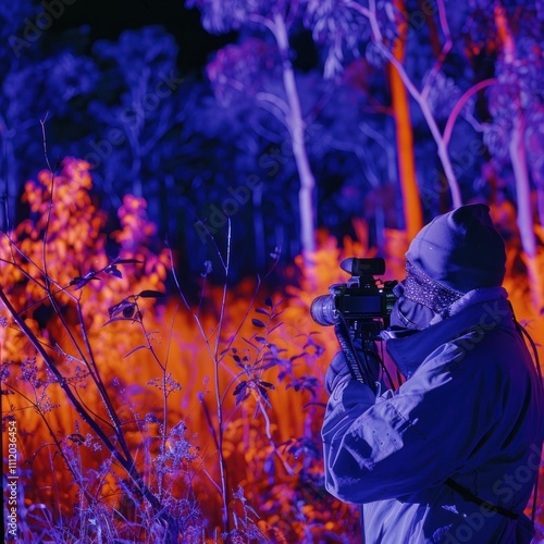 Biologists using thermal imaging technology to observe nocturnal animals in a protected area, highlighting the application of infrared technology in nighttime wildlife studies photo