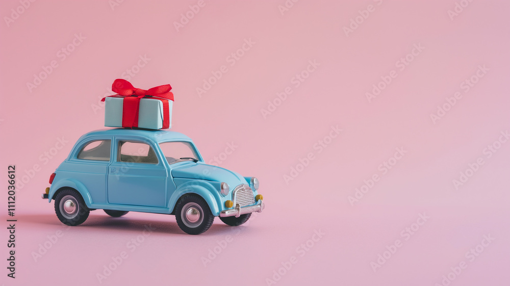 Blue retro toy car with gift box with bow. Car delivering gift box for Valentine's Day, pink background. Birthday gift. Banner for promotion or winning concept. Toy and gift. Copy space. Holiday sale Blue retro toy car with gift box with bow. Car delivering gift box for Valentine's Day, pink background. Birthday gift. Banner for promotion or winning concept. Toy and gift. Copy space. Holiday sale