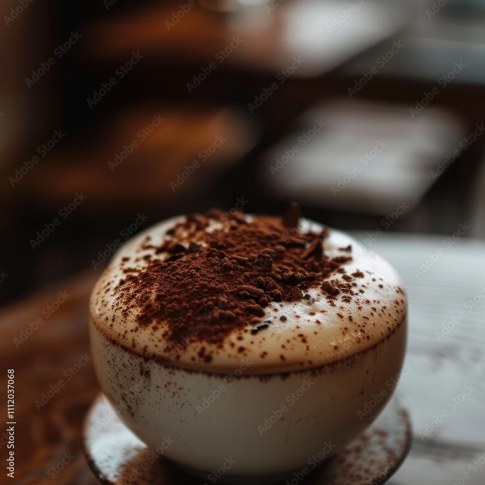 Close-up of a cappuccino with chocolate sprinkles on foam. The soft morning light brings out the details. The warm, blurred coffee shop background gives a sense of calm. Close-up of a cappuccino with chocolate sprinkles on foam. The soft morning light brings out the details. The warm, blurred coffee shop background gives a sense of calm.
