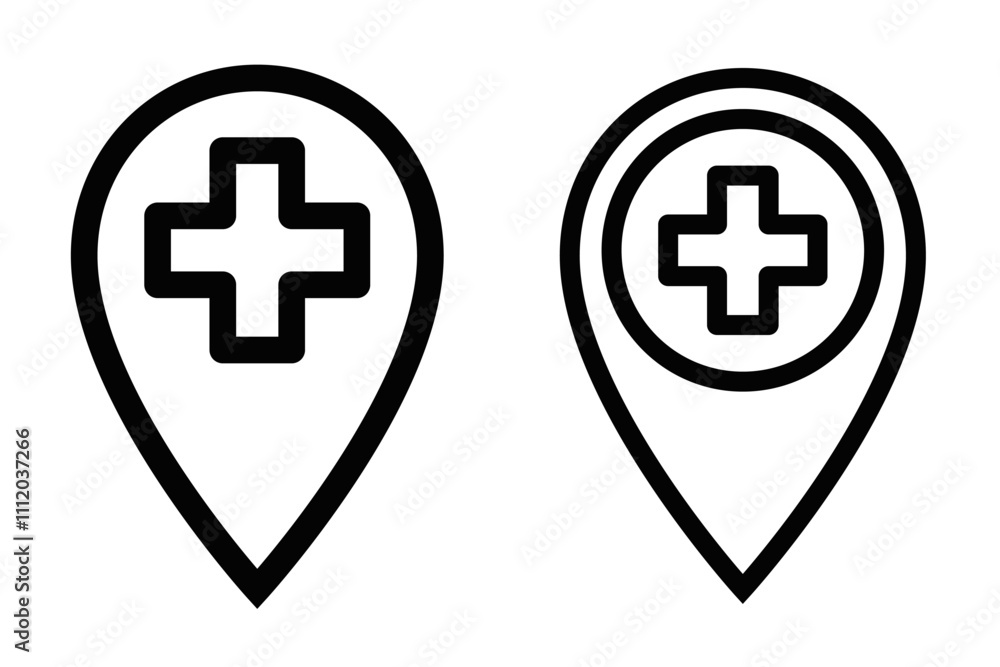 Medical location pin vector icon in outline style. Editable stroke. Medical location pin vector icon in outline style. Editable stroke.