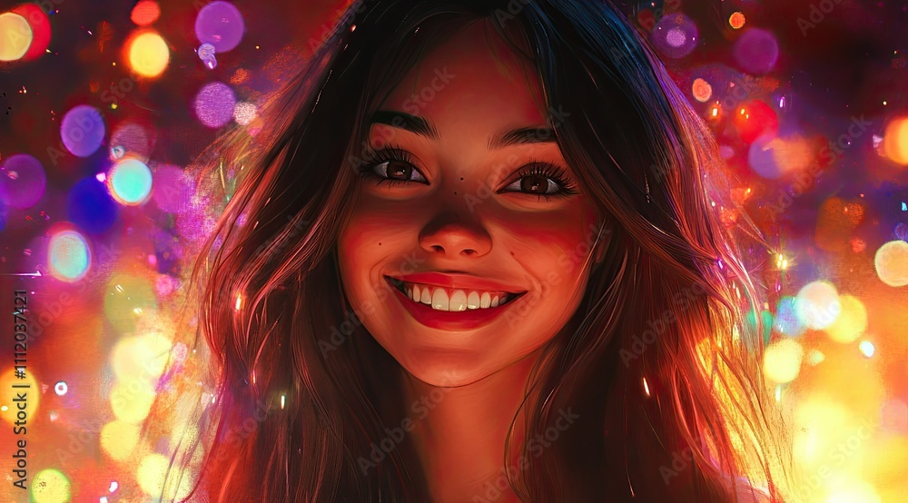 Radiant Beauty: Smiling Girl with Sparkling Eyes Amidst Magical Colorful Lights Radiant Beauty: Smiling Girl with Sparkling Eyes Amidst Magical Colorful Lights