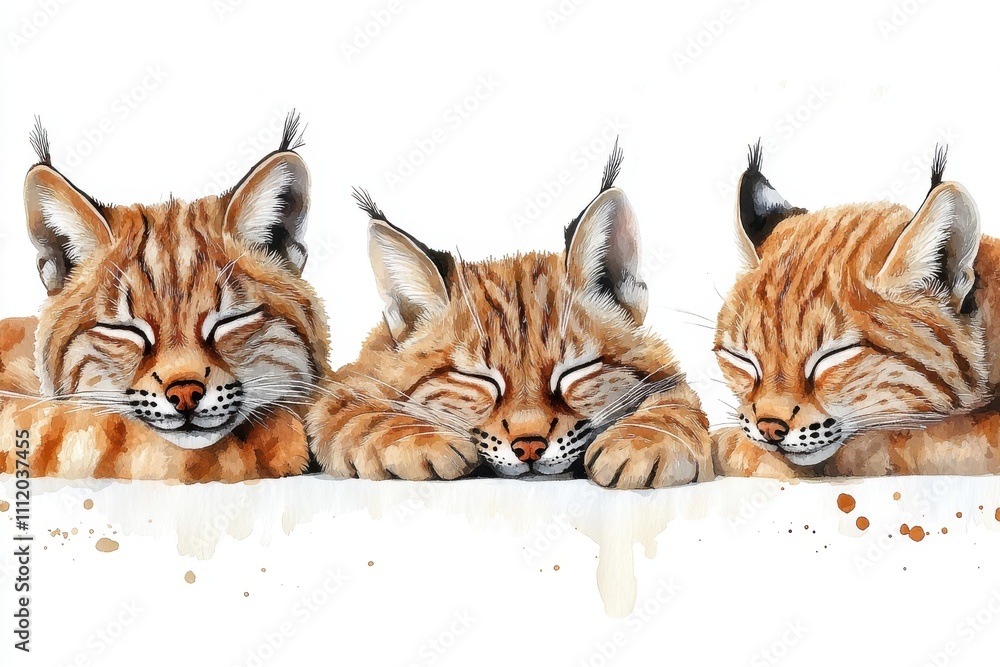 Three sleeping lynxes with closed eyes in a serene arrangement. Three sleeping lynxes with closed eyes in a serene arrangement.