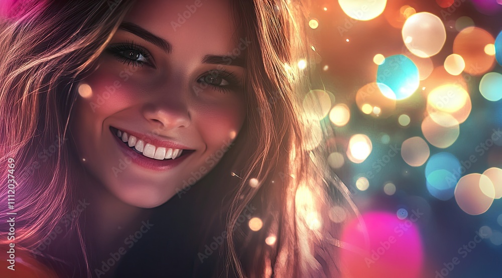 Radiant Beauty: Smiling Girl with Sparkling Eyes Amidst Magical Colorful Lights Radiant Beauty: Smiling Girl with Sparkling Eyes Amidst Magical Colorful Lights